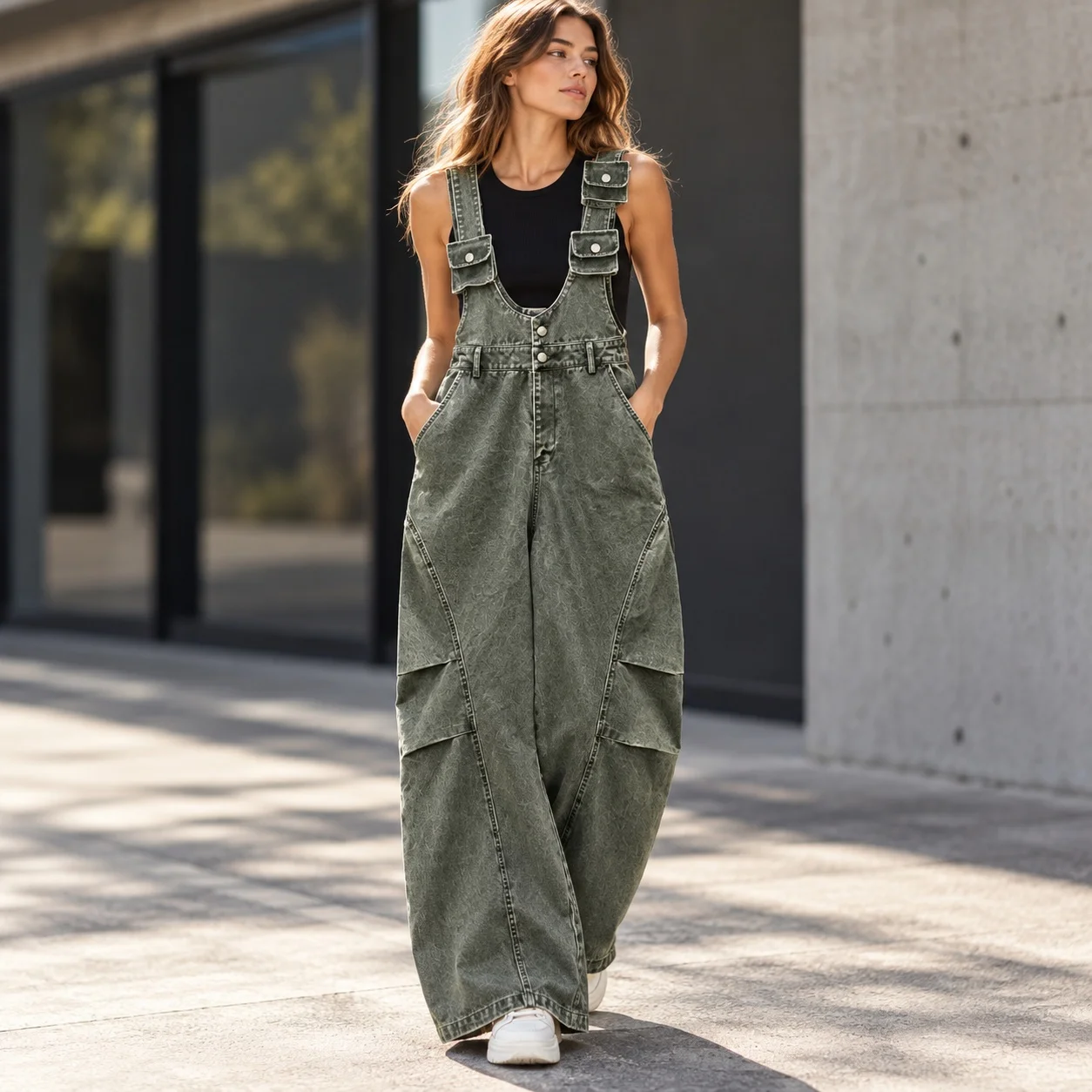 Loose Fit Dress Pockets Maxi Length Casual with Asymmetrical Long Overall Dress Pull on Distressed Strap Style Women Jumpsuit