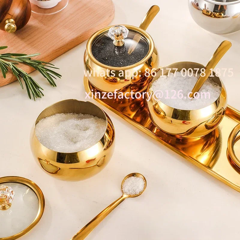 Customizable Serving Sugar Pepper Salt Spice Stainless Steel Sugar Bowl witGold and Silver Household Kitchen Condiment Pots for