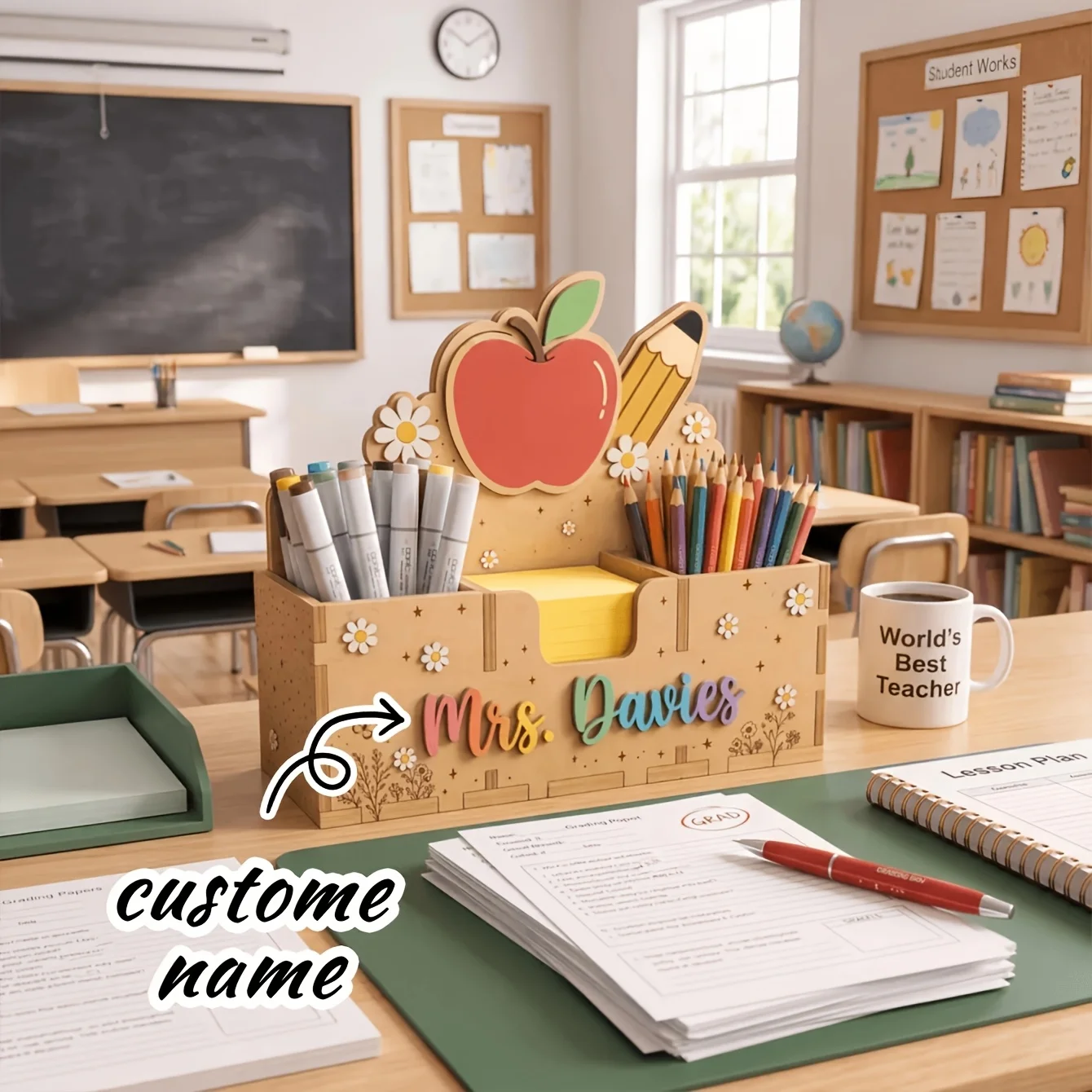 1pc Personalized Name-registered Teacher Desk Organizer,Pen Holder and Note Holder.There Is Also a Classroom Decoration Pen