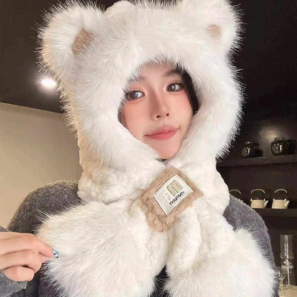 أزياء الشتاء القطيفة قبعة متكاملة وشاح دافئ يندبروف حماية الأذن قبعة سميكة عارضة قبعة صغيرة وشاح للنساء