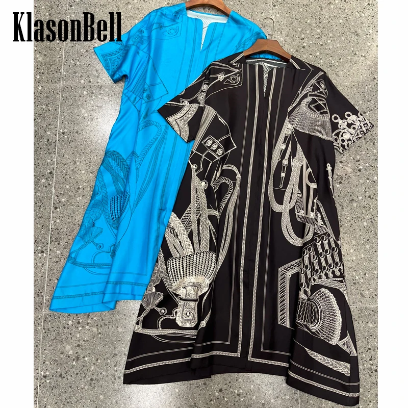 4.4 KlasonBell-Women\'s Geometric Pattern Print Short Sleeve Loose Silk Dress, Vintage Temperament Dress