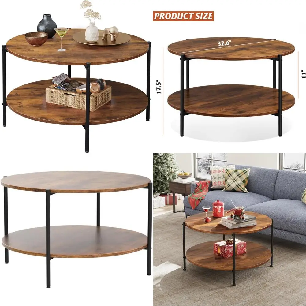 

Round Coffee Table with Storage Shelf - 32.6 Two-Tier Wooden Center Table for Living Room and Apartment