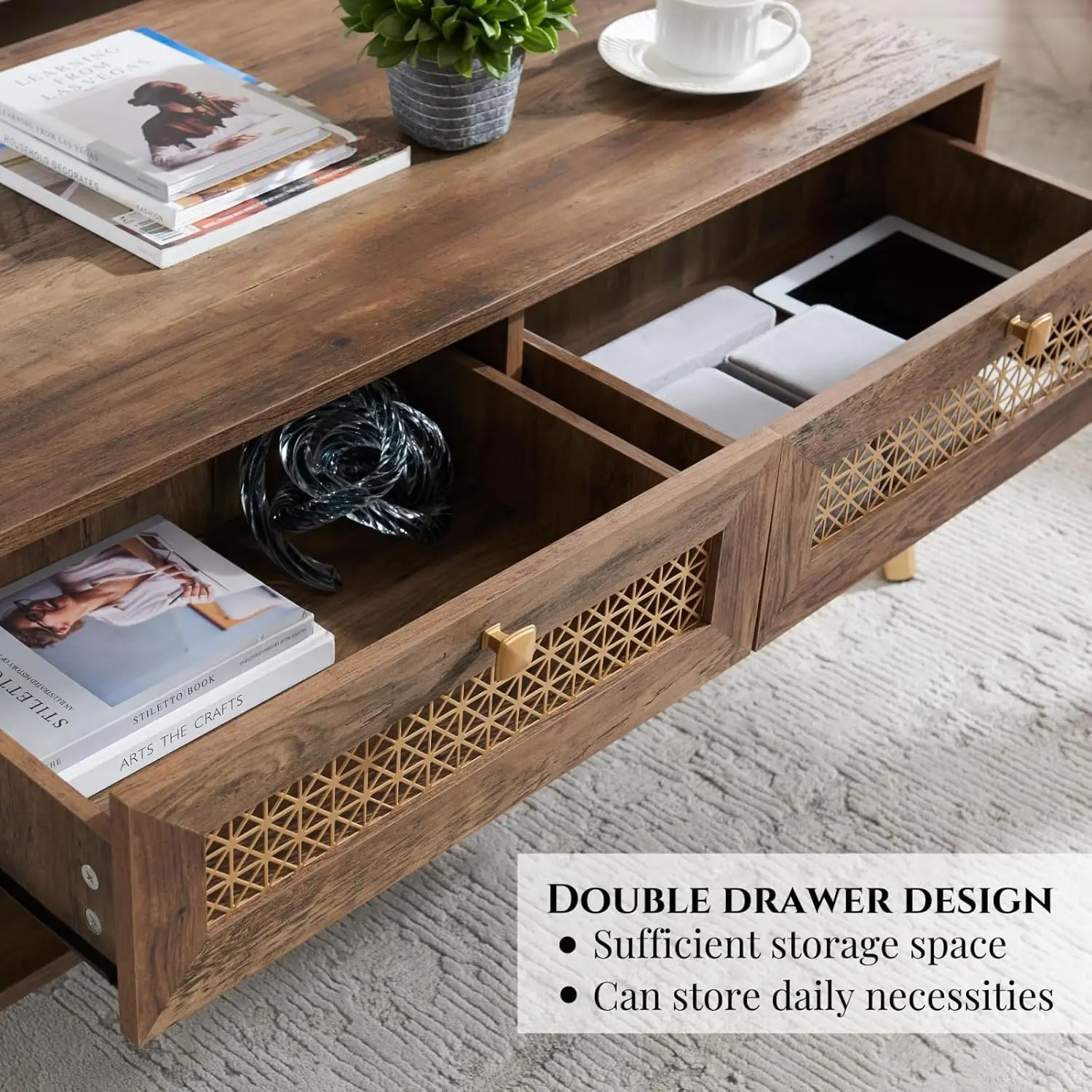 Mid Century Modern Coffee Table With Storage Drawers & Open Shelf, Solid Wooden Rectangle Table With Metal Legs Designed