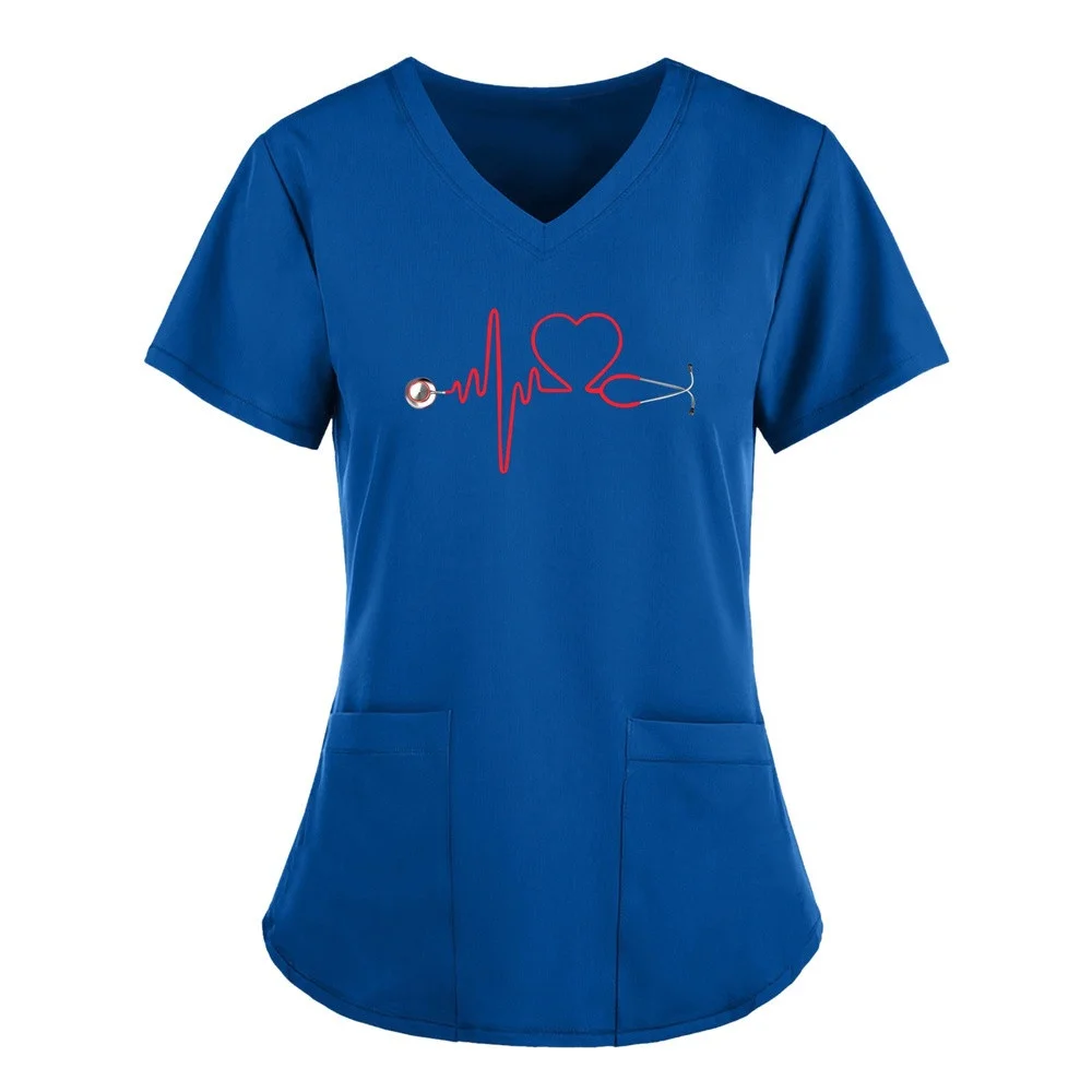 Solid Color Womens T Shirts Medical Nursing Uniform Stretch V-Neck Short Sleeve T-shirt Tops With Pocket Women's Clothing