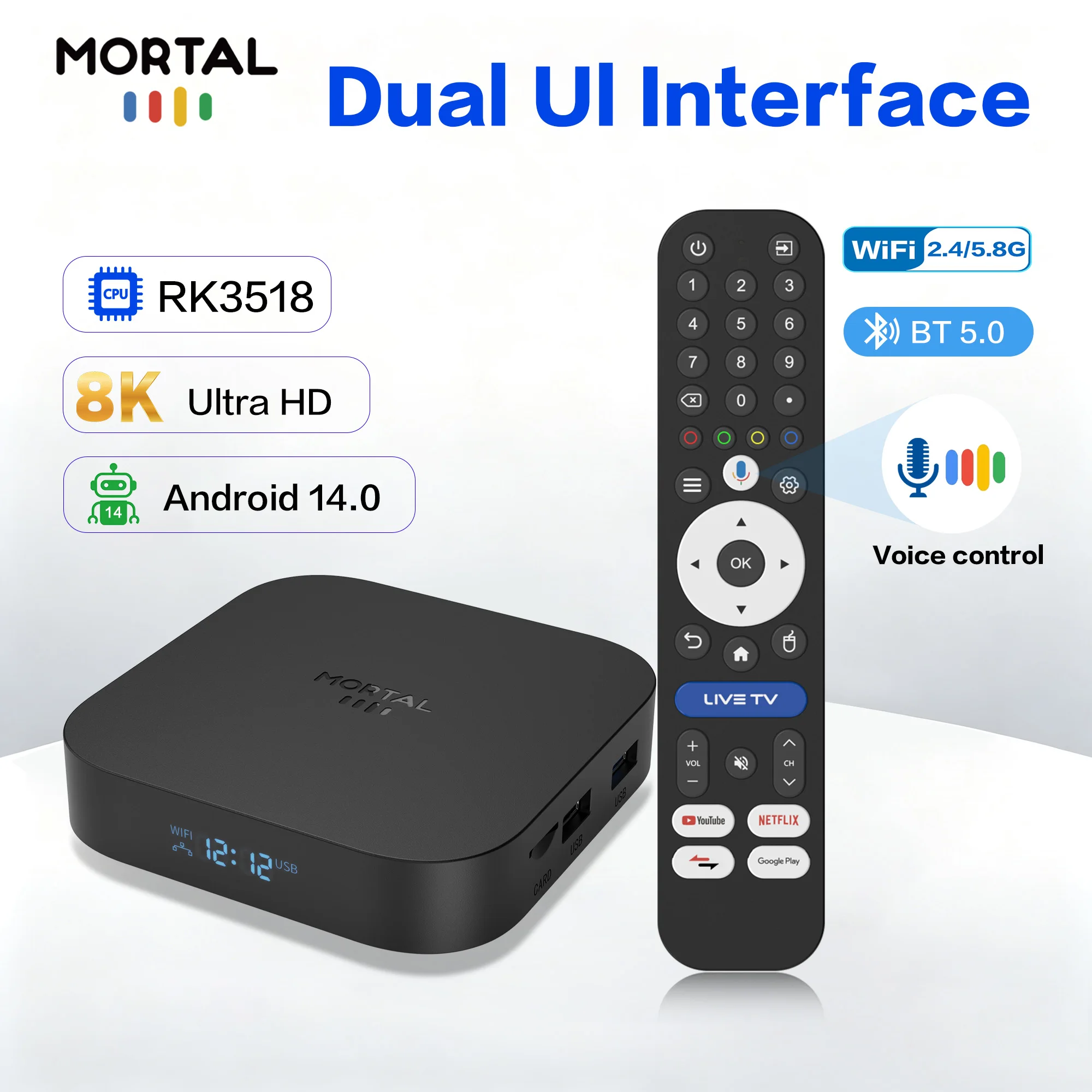 X5S Android14 8K HD Smart TV Box RK3518 Dual UI Interface Dual Wifi BT5.4 Set Top Box Media Player with Voice Assistant