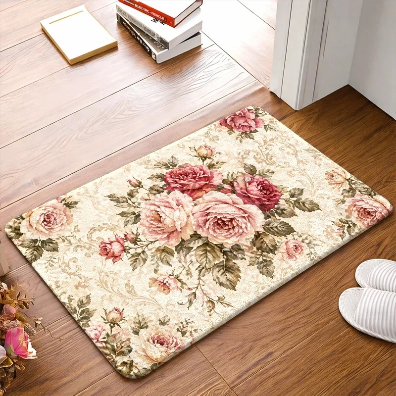 Vintage Rose Doormat Pink Floral Pattern Entrance Rug Romantic Botanical Floor Mat Washable Decor