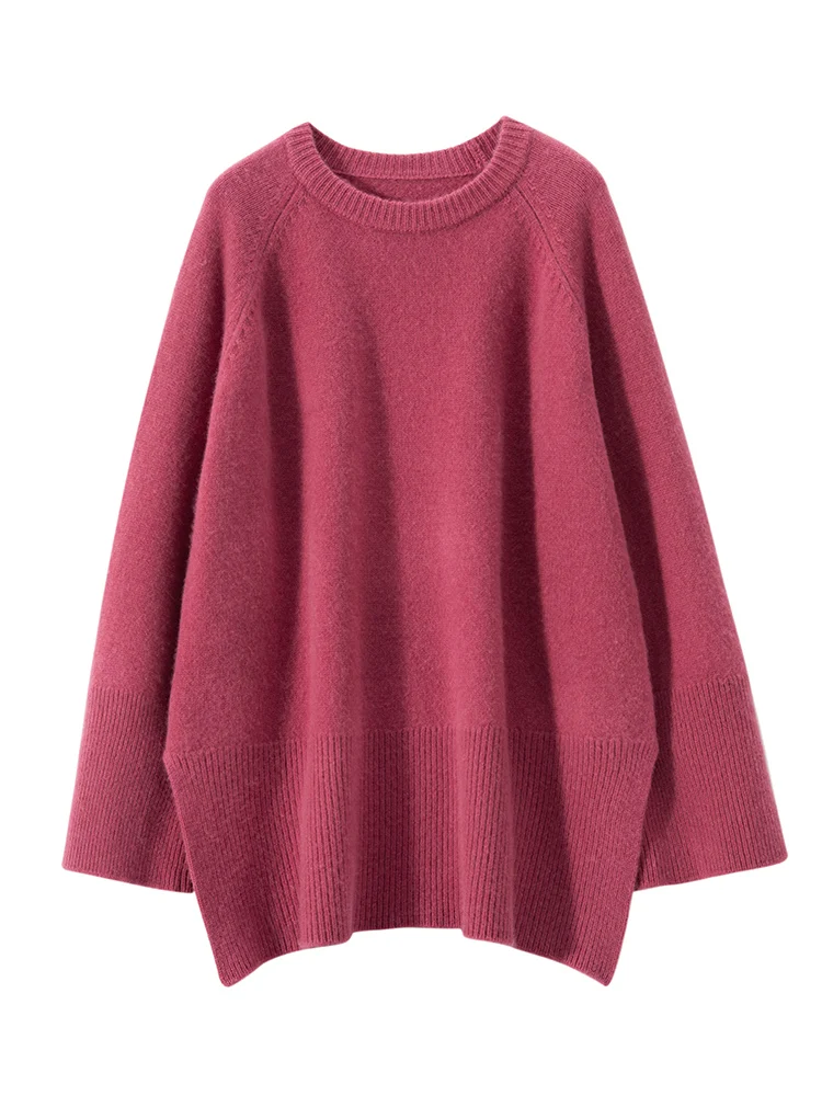 가을 겨울 캐주얼 루즈한 두꺼운 스웨터 그레이스 레트로 100% 캐시미어 니트 풀오버 솔리드 컬러 기본 사이드 스플릿 오피스 레이디
