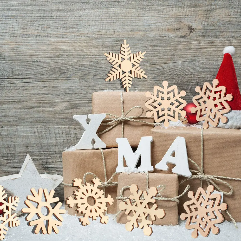 100Pcs Wooden Snowflakes Embellishments Cutouts Craft Ornaments Unfinished Wood Snowflake Hanging Ornaments &LICG