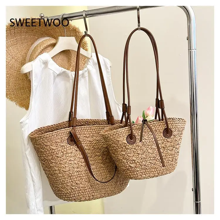 

Minimalist Natural Raffia Woven Handbag Detachable Leather Drawstring Strap Two Size Option Summer Outdoor Holiday Straw Purse