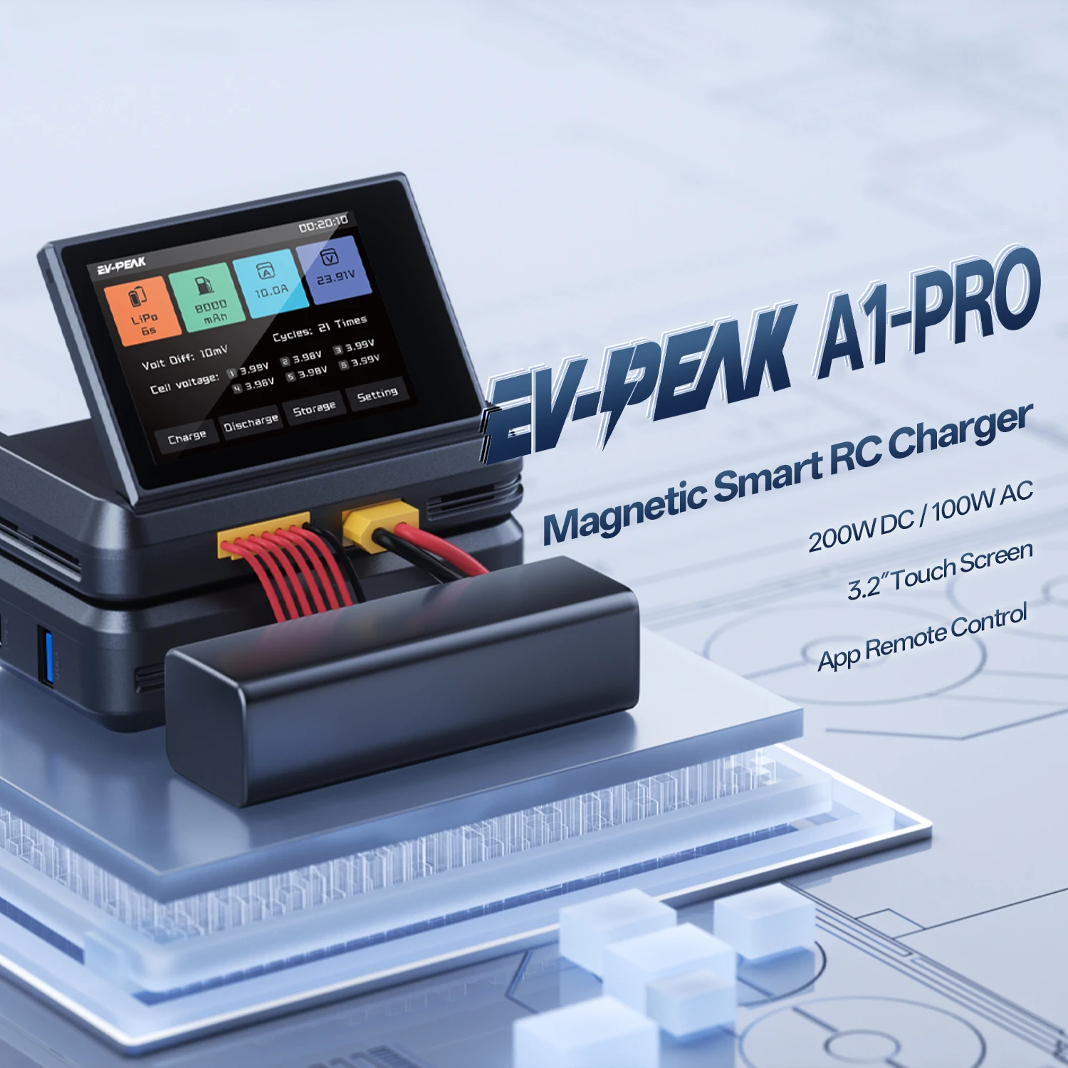 EV-PEAK A1-PRO Magnetic Smart RC Model Charger 3.2-inch Touch Screen AC 100W/DC 200