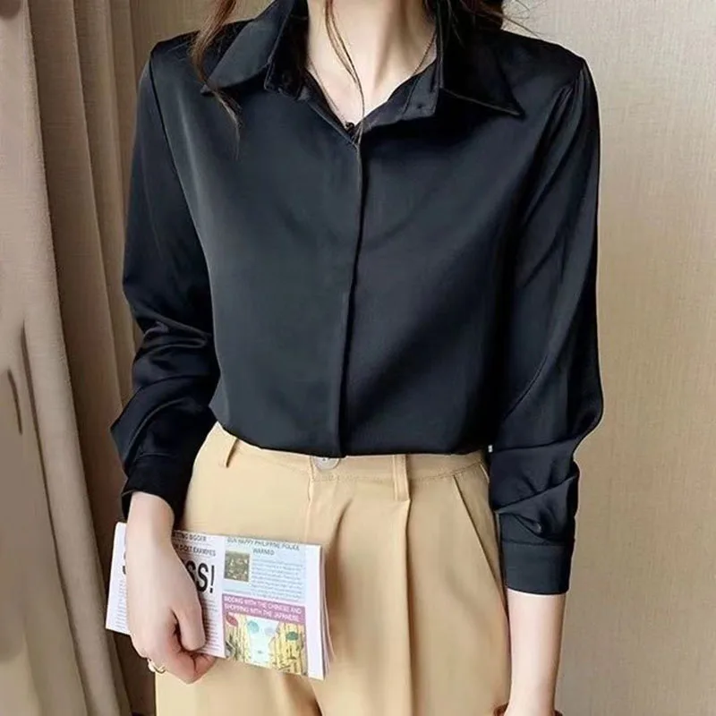 Xpqbb Office Lady Long Sleeve Shirt 2024 New Spring Autumn Casual Chiffon Shirts Women All-match Simple Black White Blouses