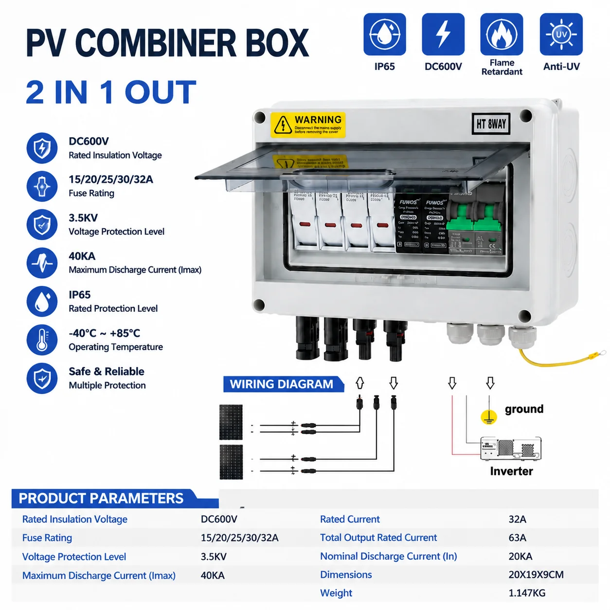 PV Combine Box 2 String Solar Panel Junction Box with DC Fuse SPD Isoltor for Rooftop System IP65 Waterproof DC600V 32A