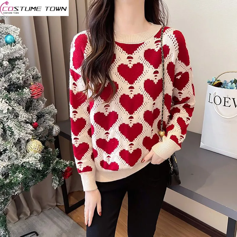 

2024 New Year Red Love Sweater Women's Autumn and Winter New Fashion Round Neck Knitted Loose Sweater