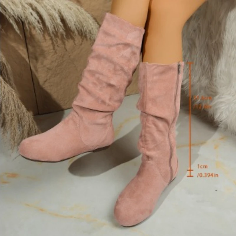 Maillard pleated high tube stacking boots, soft surface frosted plus size women's long boots