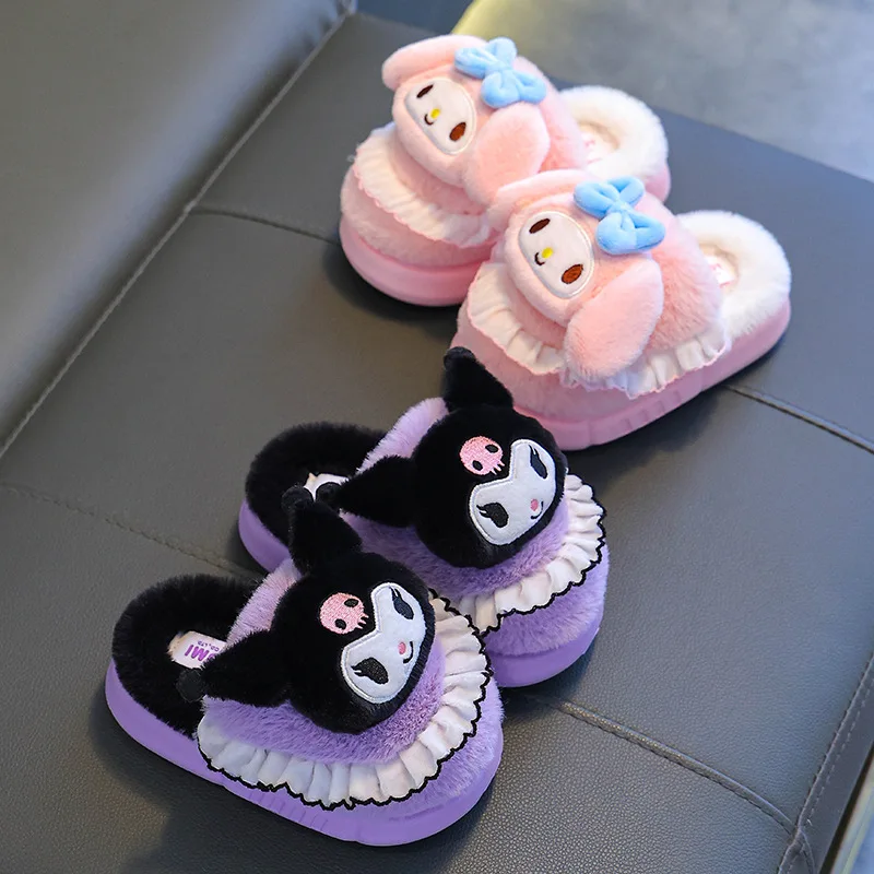 Sanrios Winter Child Cotton Slippers Girl Keep Warm Kawaii Anime Figure Plus Velvet Home Boy Anti-Slip Heeled Cotton Shoes