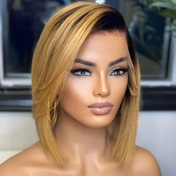 Perruque Bob Lace Front Wig Remy Brésilienne Naturelle, Cheveux Courts et Lisses, Blond, 13x5x1, Partie T, Pre-Plucked, pour Femme