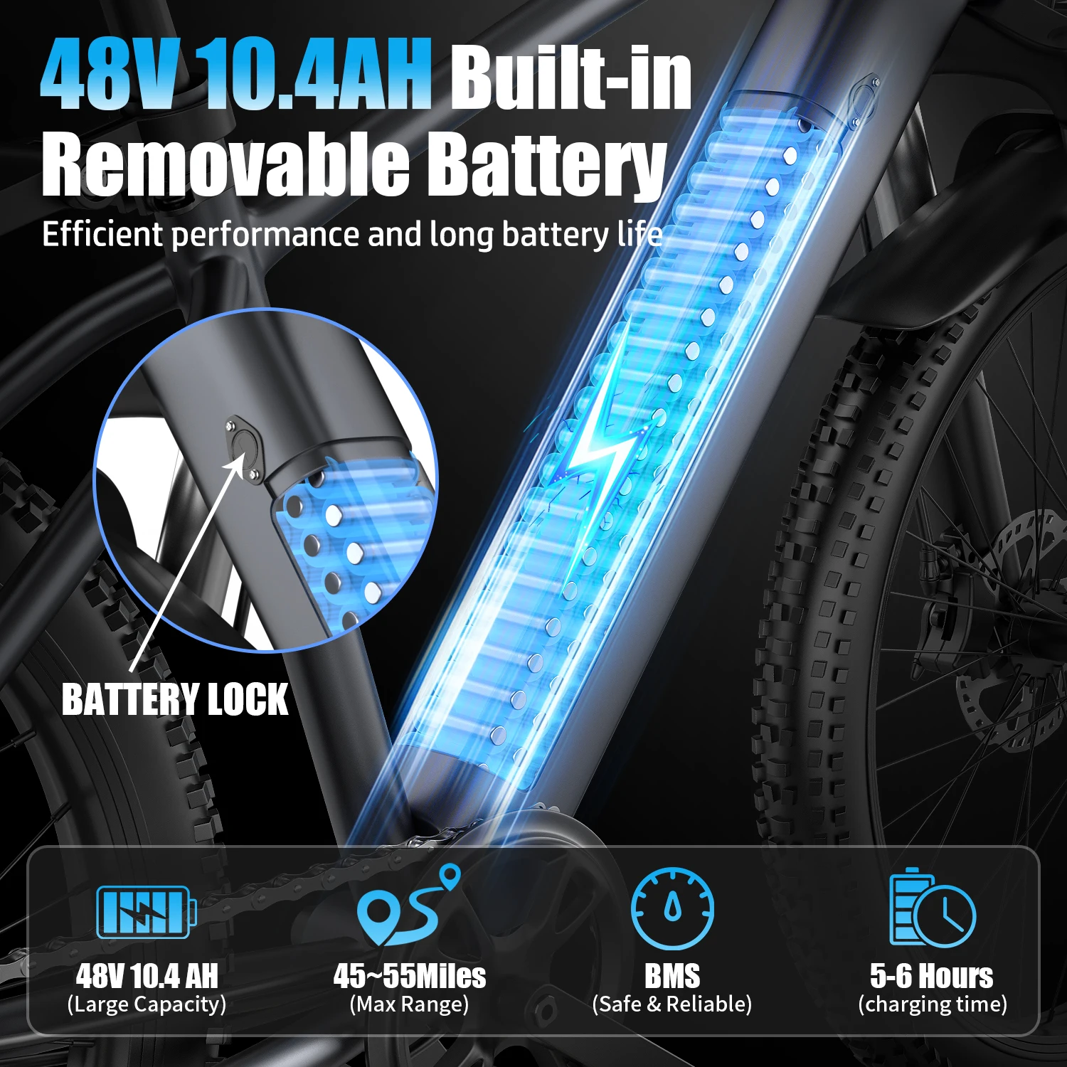 Bicicleta elétrica para adultos - pneu gordo de 26”, motor máximo de 1000 W, bicicleta elétrica de motocicleta de 7 velocidades, bateria removível 48V10AH 4 Ridi