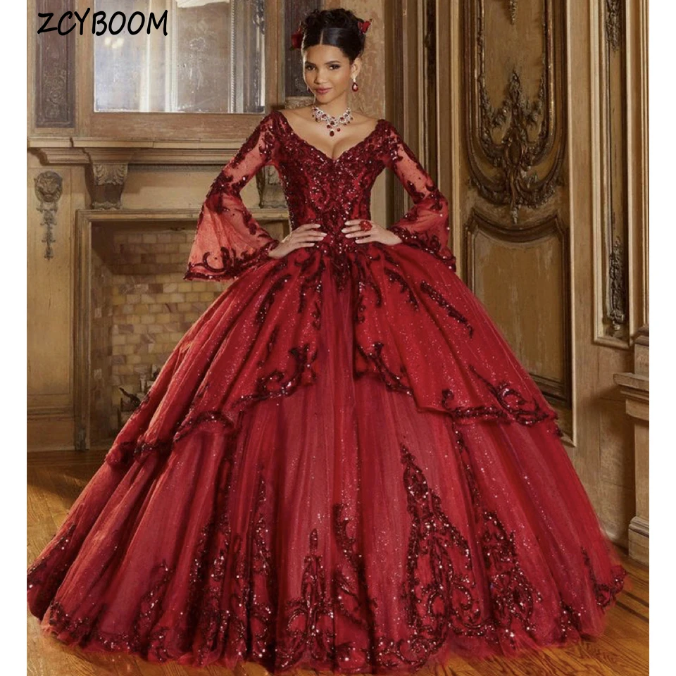 

Роскошное красное вечернее платье с v-образным вырезом и пайетками, расклешенными рукавами, 2025, бальное платье длиной до пола, со шлейфом, платье для выпускного вечера на заказ