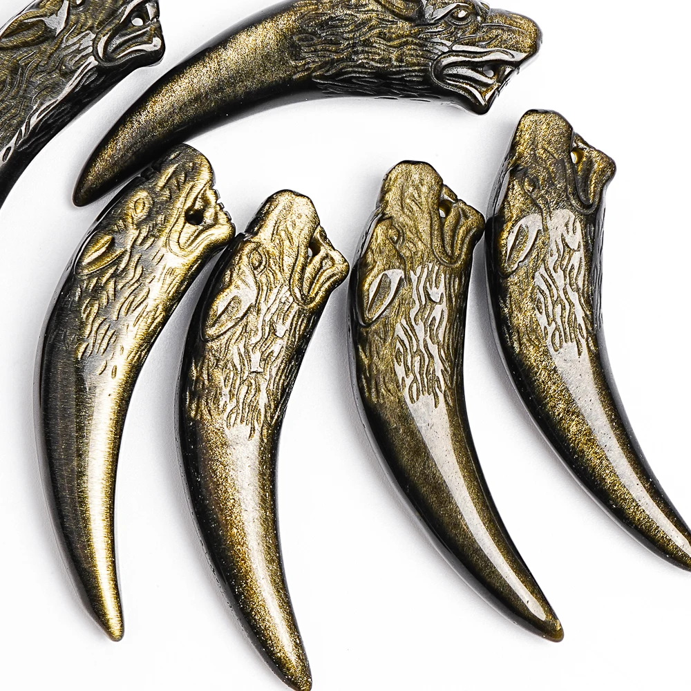 

Natural Golden Obsidian Big Wolf Fang Carving Pendant 62X14X11MM Oversized Gemstone Charm for DIY Jewelry Making & Craft Decor