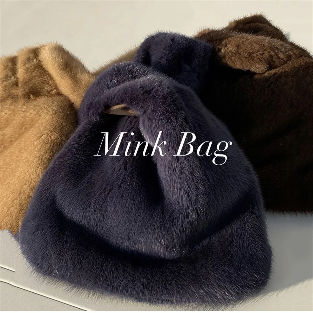 Ladies Bags Real Naturral Fur Mink Women's Bags Fashion Fuffy Luxury Mink Fur Handbag Warm Plush Wrist Bag For Woman Tote Bag