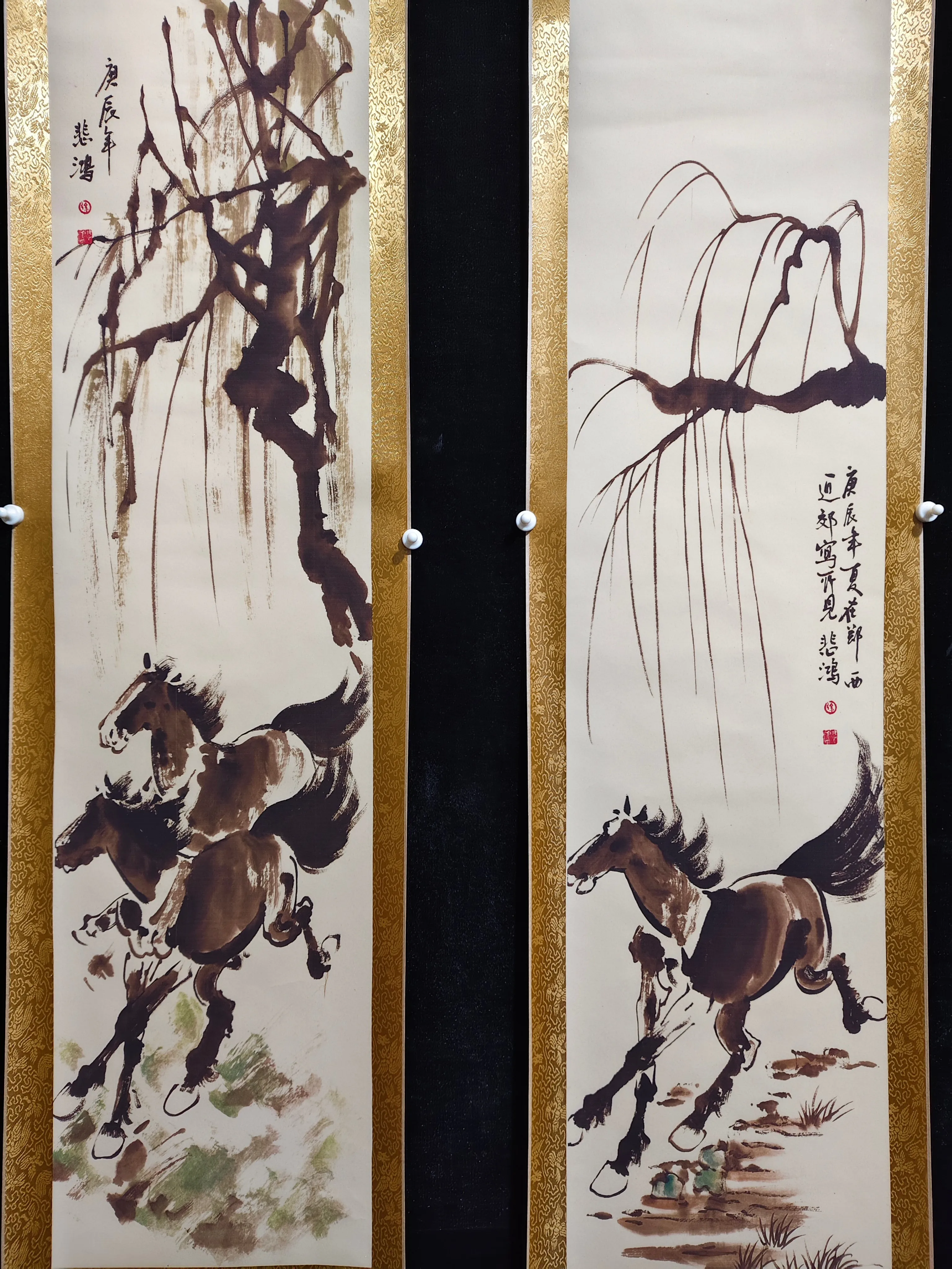 Old Chinese hand-painted long scroll,Running horse Painting Scroll,4 pieces/pack, free shipping#202501-206