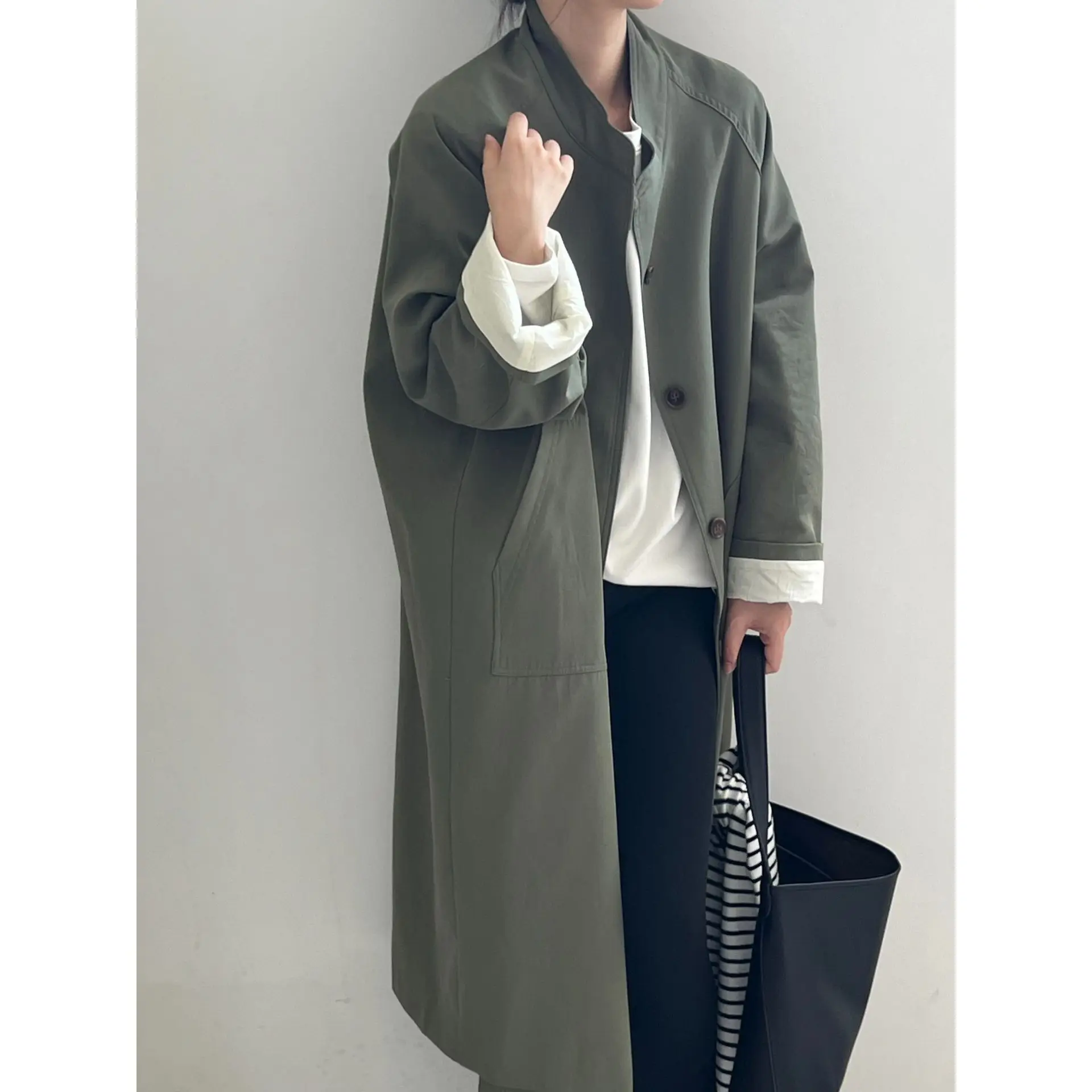 

Stand Neck Long Trench Coat Women Spring Casual Turn-down Collar Single-breasted Trench Coat