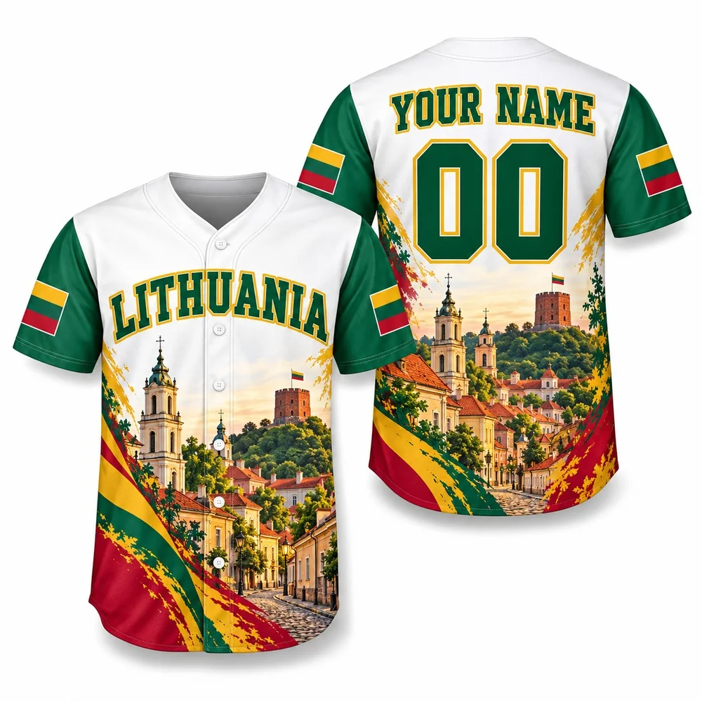 Lithuania Castle Jerseys Shirt Golden Green Red Baseball Jersey with Custom Name Colorful Weekend Floral Heritage Shirts