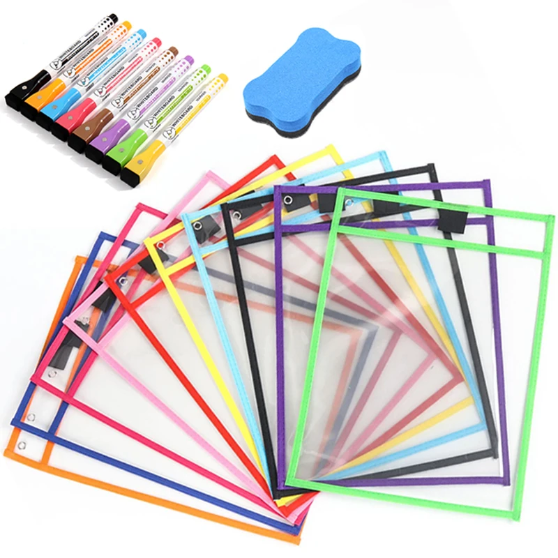 Reusable File Dry Erasable Pockets with Erasable Pen Kids Transparent  Pocket A4 Letter Hanging PET File for Teaching Supplies