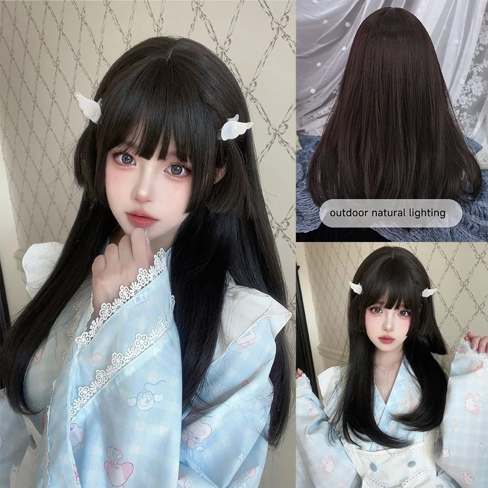 22Inch Black Lolita Hime Cut Synthetic Wigs with Bang Long Natural Straight Hair Wig for Women Daily Use Cosplay Heat Resistant