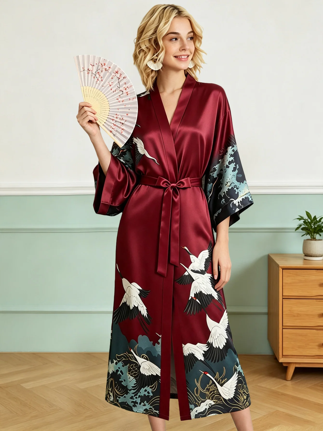 Women‘s Kimono Bathrobe Floral Satin Lightweight with Pockets for Wedding Party Sleepwear