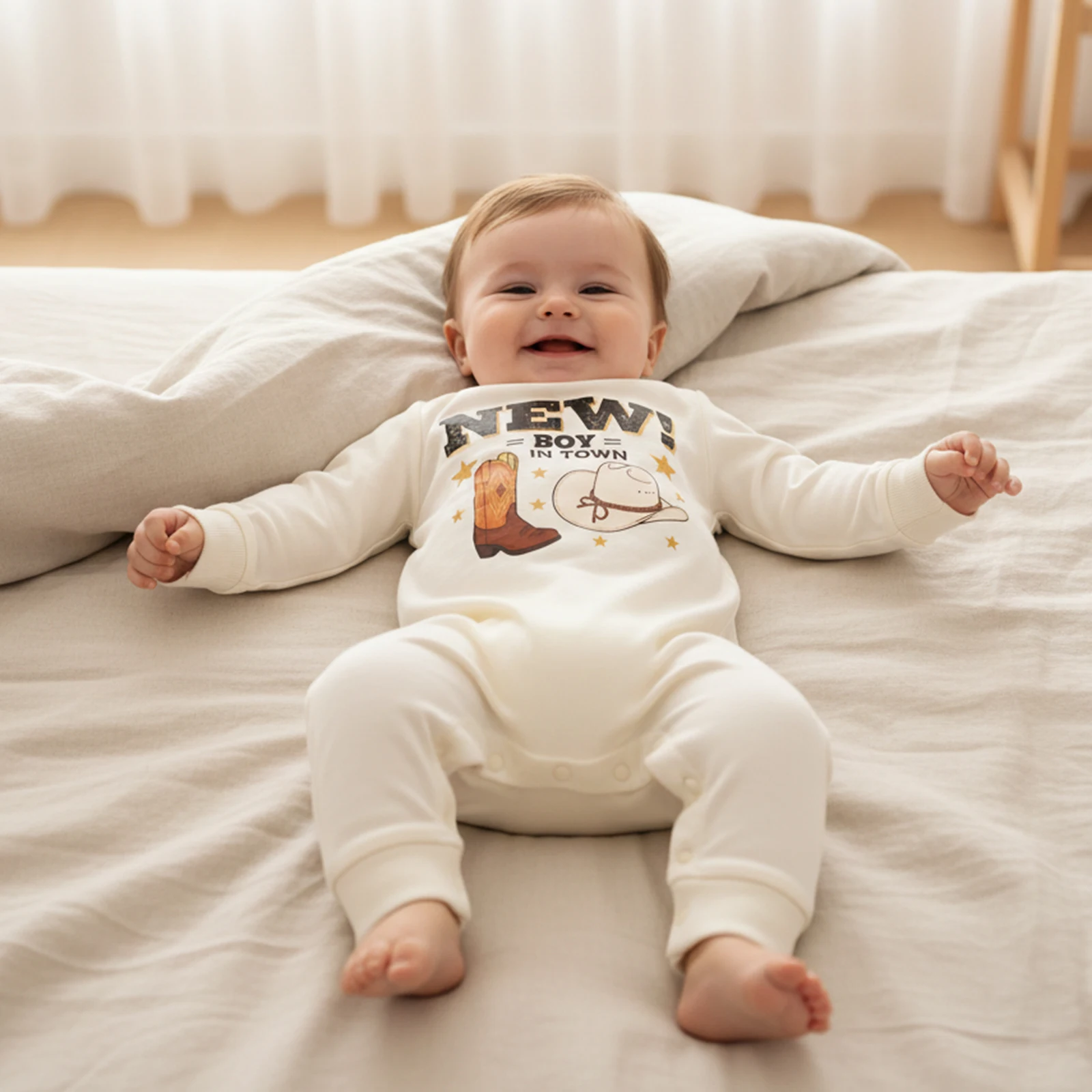Baby Boy Fall Romper Loose Fit Western Print Crew Neck Long Sleeve Playsuits Infant Boy Jumpsuit
