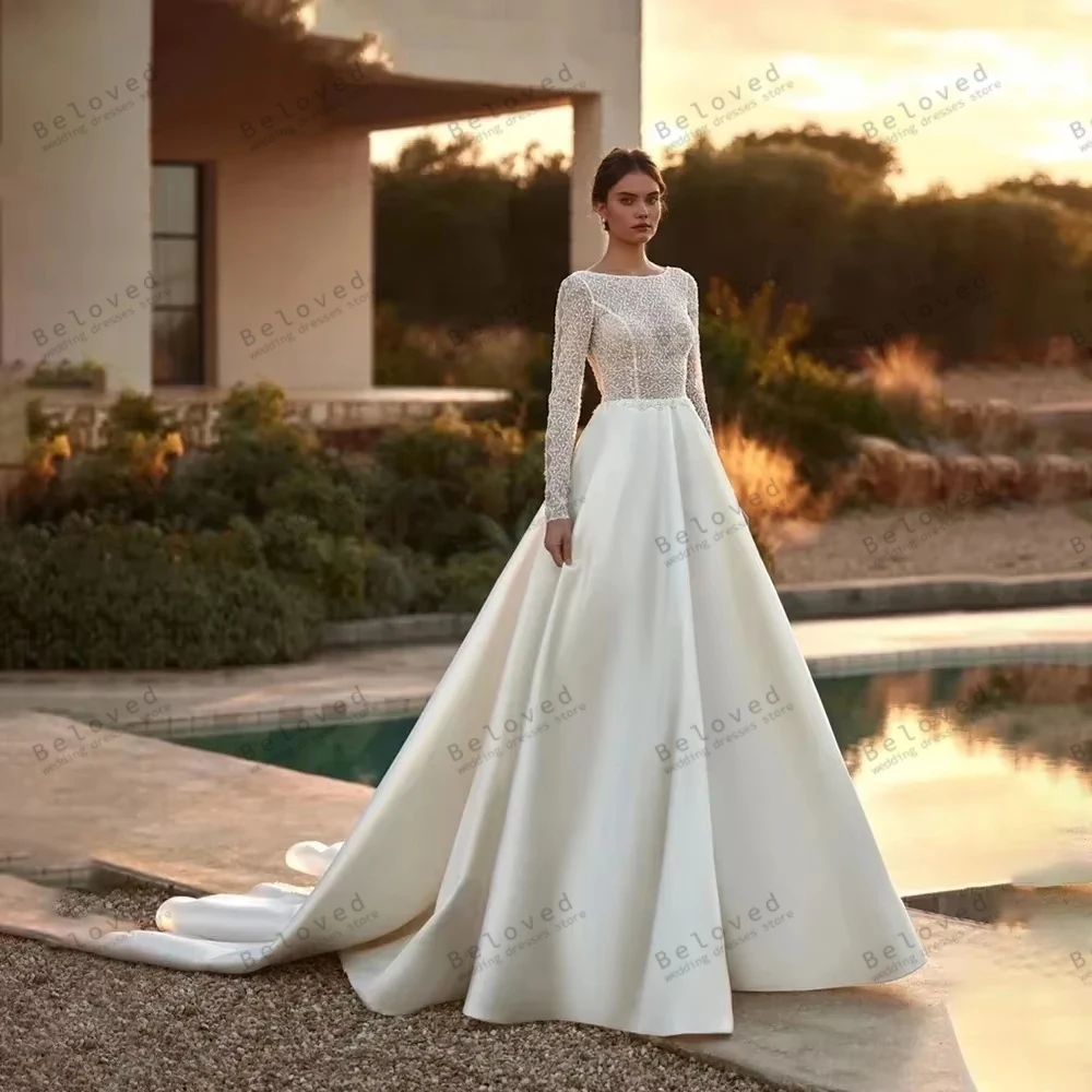 

Classic Wedding Dresses A Line Satin Bridal Gowns Lace Appliques Full Sleeves Robes Backless Vestidos De Novia Customized 2025