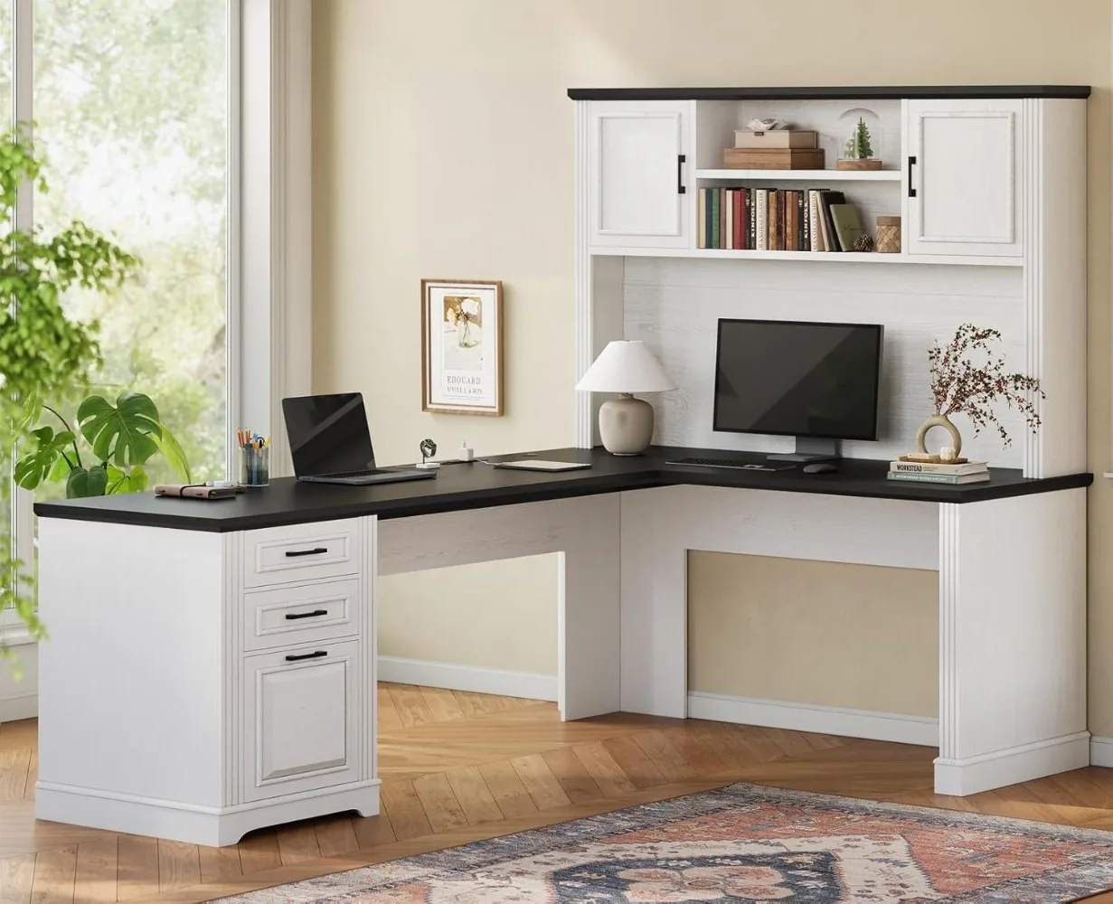 

Home Office Desk with File Drawer and Power Outlet, Computer Corner Desk with Hutch and Drawer, Workstation for Office Home