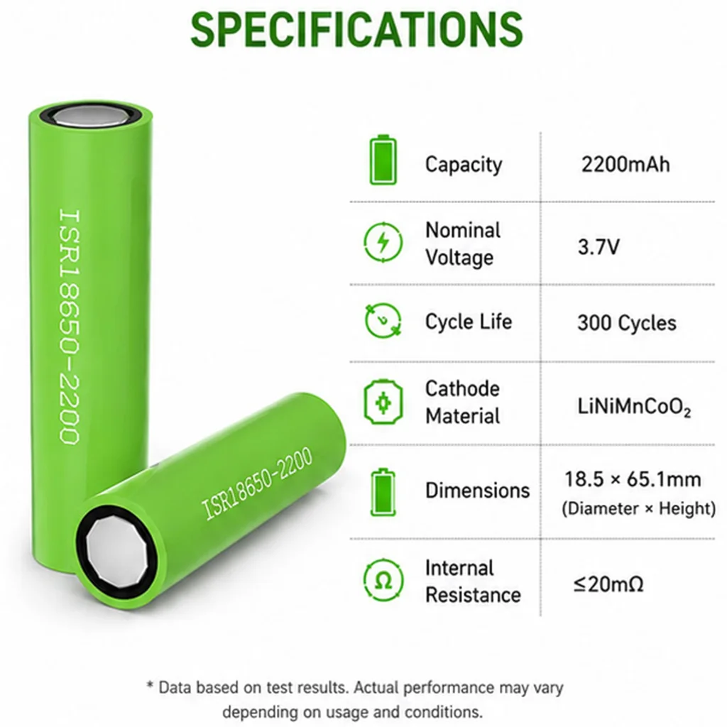 E-power 18650 2200mAh 3.7V 10C NMC | 25A Discharge, ≤20mΩ, 2C Fast Charge, Flat Top Cell for Battery Pack Assembly