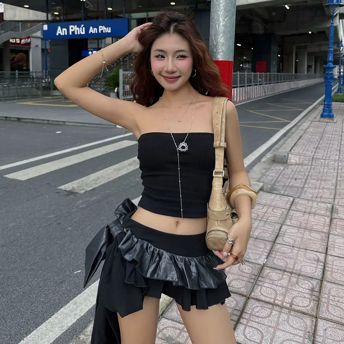 26SS Sweet Cool Street Irregular Single-sided Bow Design Lotus Leaf Skirt Women