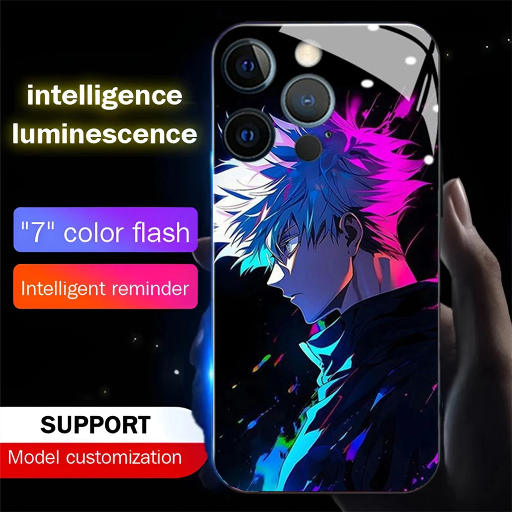 

Japanese Anime Role LED Music Flash Phone Back Cover Glowing Glass Case For iPhone 16 15 14 13 12 11 Pro Max X XR XS Plus SE2020