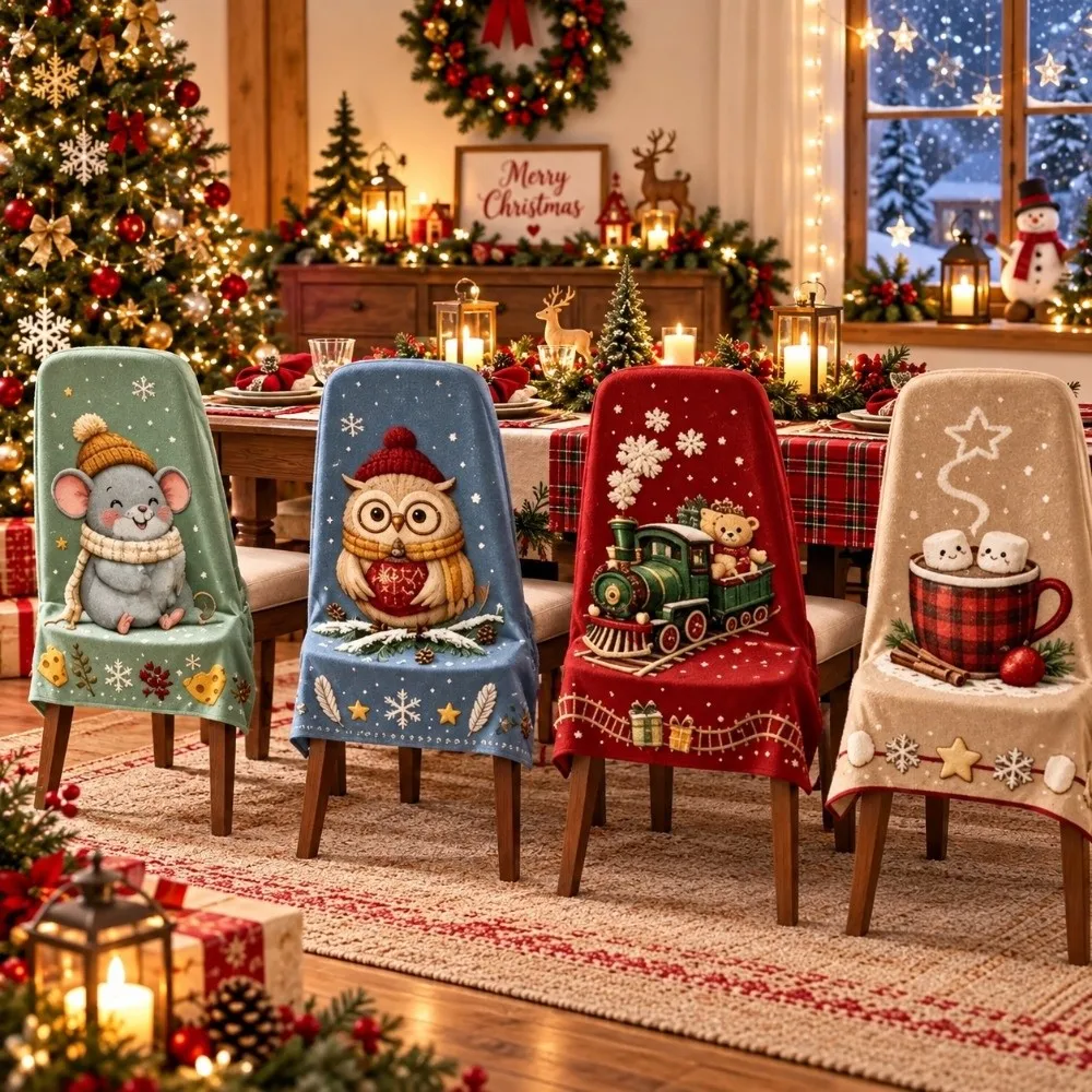4 pcs Snowman Christmas Chair Cover Dwarf Dustproof Santa Chair Dust Cover 2D Print Christmas Ornaments Home Decoration