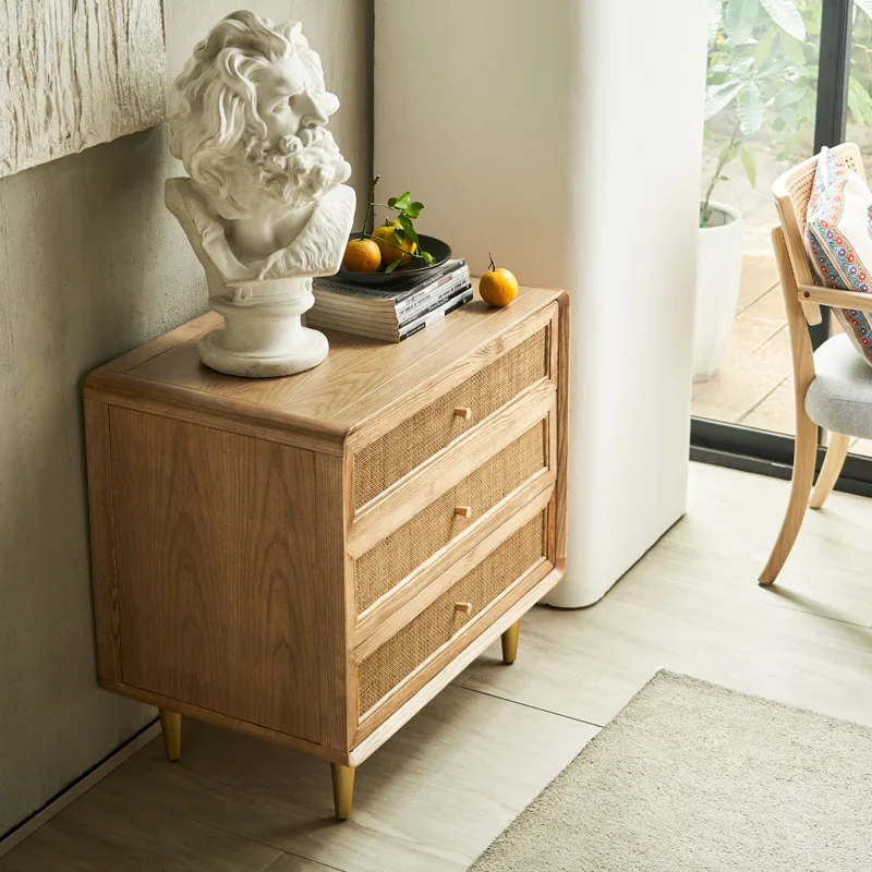 Nordic solid wood three-bucket cabinet simple modern locker bedroom multi-functional bedside table rattan storage cabinet B & B