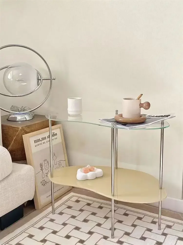 Light Luxury Cream Wind Glass Corner Table Ins Small Apartment Double-layer Coffee Table Simple Modern Sofa Small Side Table