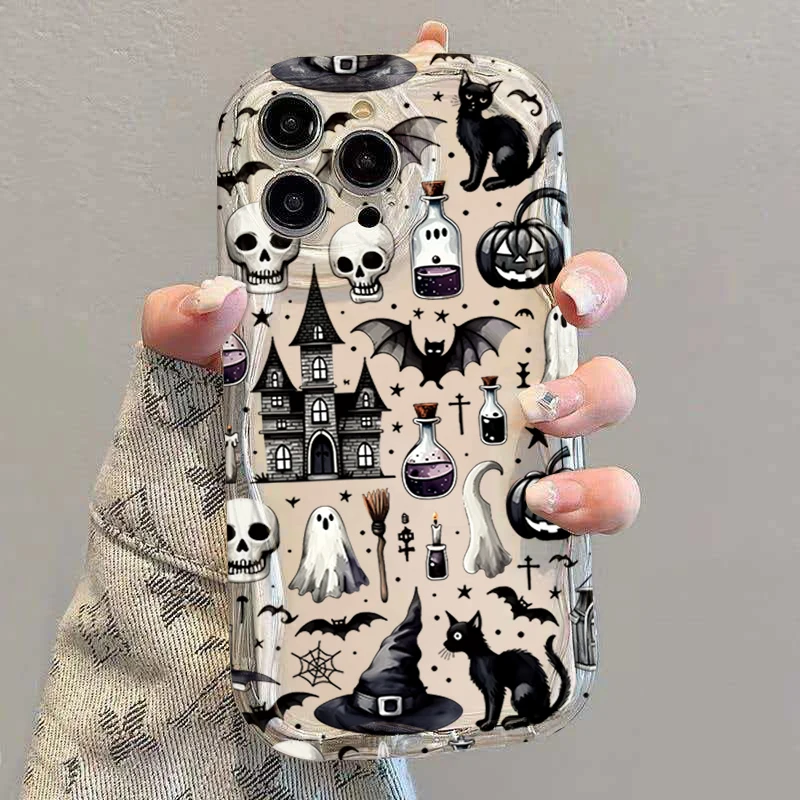 Halloween-Thema, niedliche Geister-, Kürbis- und Fledermaus-Druckhülle für iPhone 18, 17 Pro Max, 13, 11, 16, 15, 14, 12 Plus, 18 Pro Max, stoßfeste, transparente Schutzhülle.