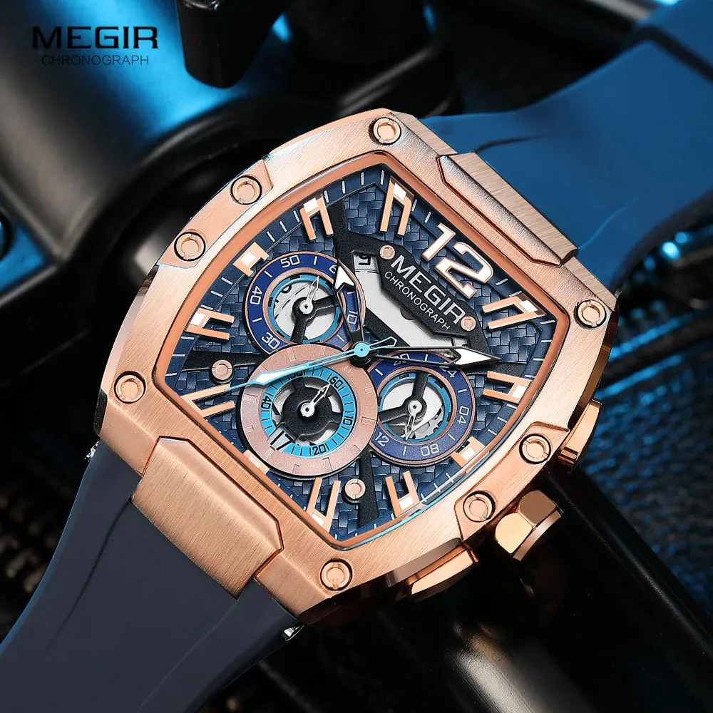 MEGIR Navy Blue Silicone Strap Sport Watch for Men Fashion Waterproof Chronograph Quartz Wristwatch with Luminous Hands Calendar