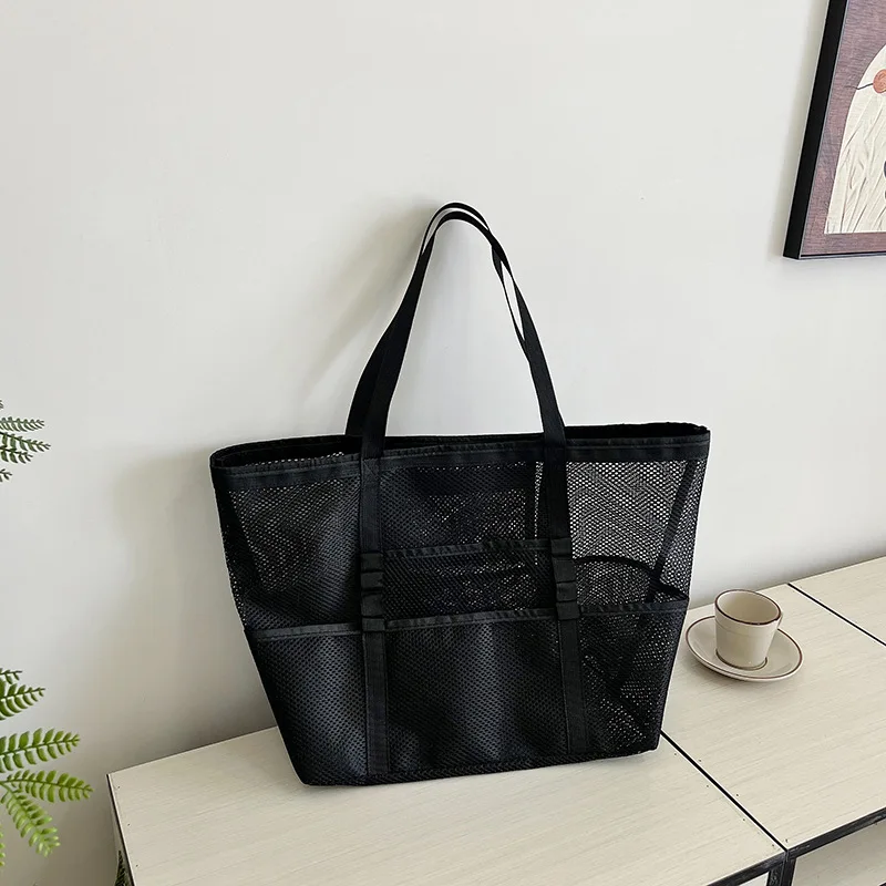 Oversized Shoulder Tote Bags For Women Mesh Fabric Hollow-out Multi-pocket Big Capacity Shopper Beach Handbags 2024 Summer