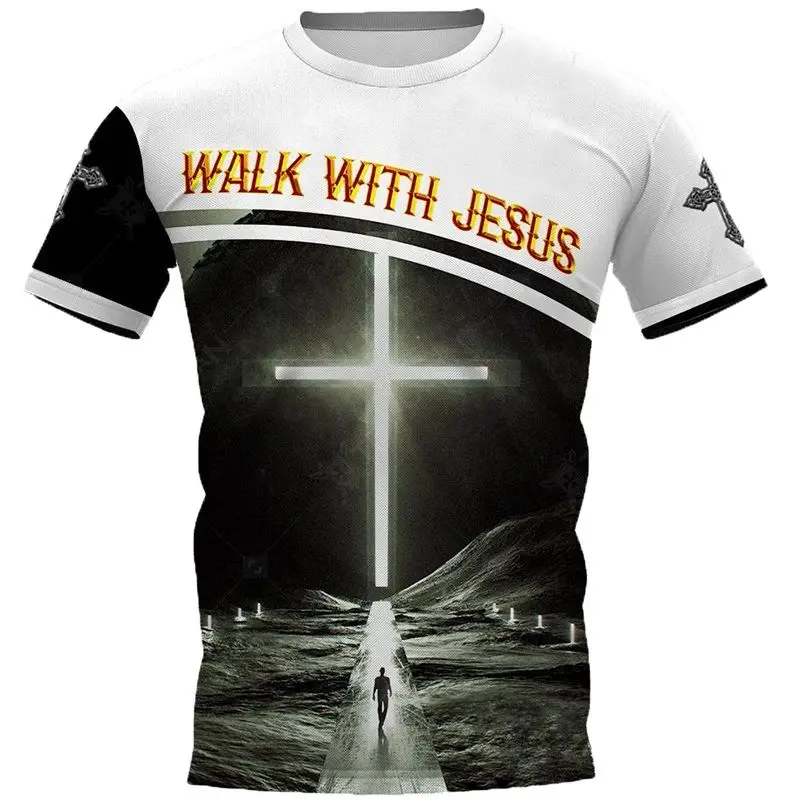 Summer Men\'s 3d Printed Christian Jesus Catholic T-Shirt O Collar Short Sleeve Loose Casual Harajuku Vintage Plus Size Top