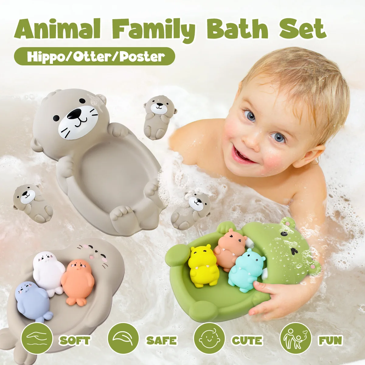 

4Pcs Children's Bathroom Floating Animal Hippo Otter Sealed Floating Play Toy Baby Bath Bath Toy