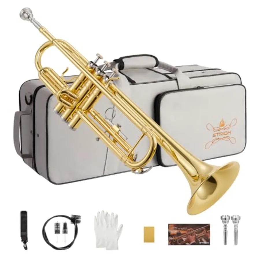 

Bb Standard Trumpet Set for Beginners, Brass Student Trumpet Instrument with Hard Case, Cleaning Kit, 7C and 3C Mouthpieces, Gl