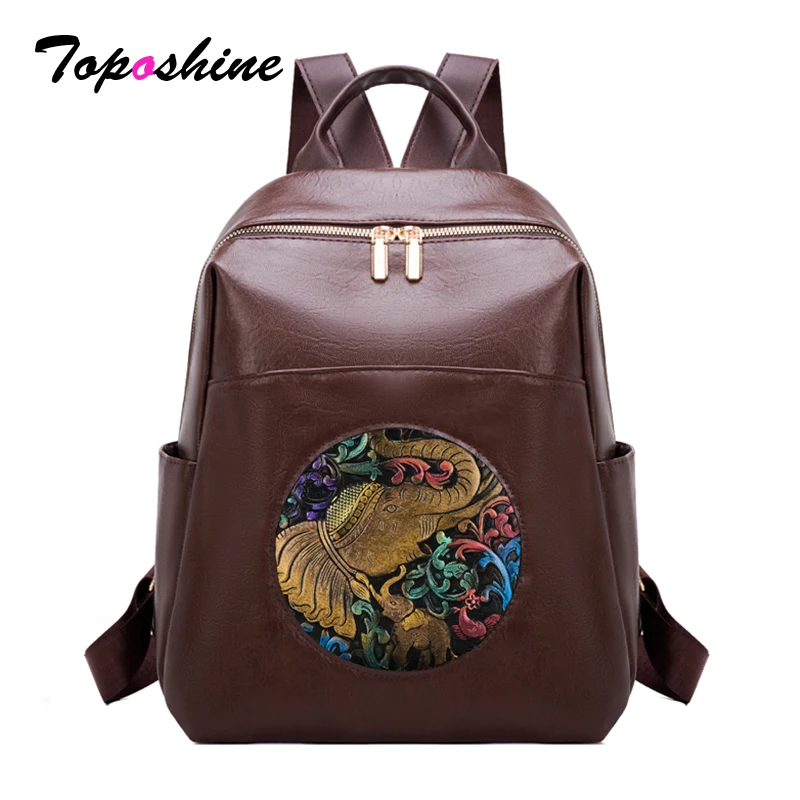 

Toposhine Vintage Chinese Style Embossed Elephant Leather Backpack for Women Handmade Leather Casual Daypack Ethnic Travel Bag