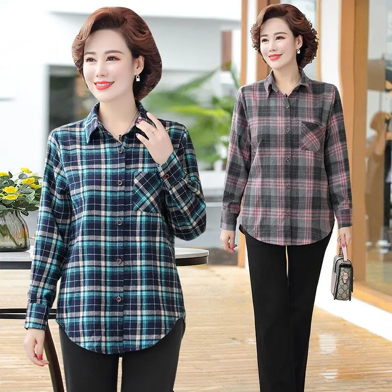

2023 Casual Women Blouse Long Sleeve Plaid Tops Cardigan Spring Casual Cotton Shirts Elegant Polo Collar Office Blusas T219