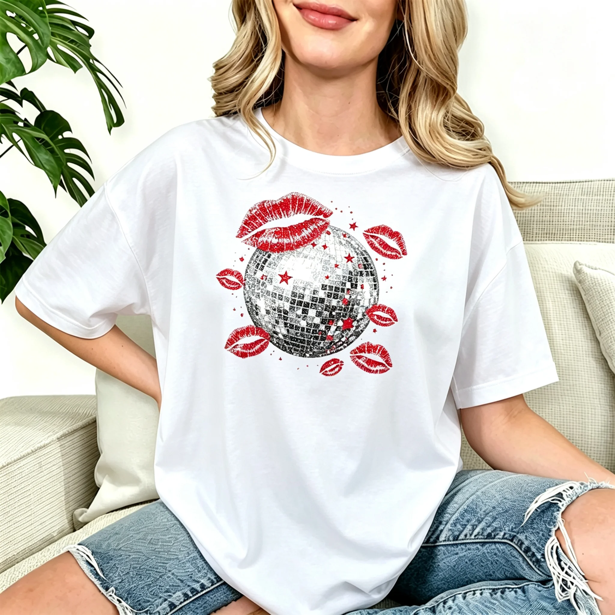 Vintage Disco Ball Red Lip Kiss Print Women T‑Shirt O Neck Short Sleeve Casual Loose Tee Retro Party Streetwear Tops For Ladies