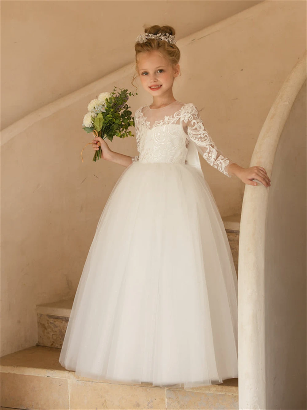 Champagne Lace Flower Girl Dress for Wedding Applique Tulle Puffy Long Sleeves A-Line With Bow Princess Birthday Party Ball Gown