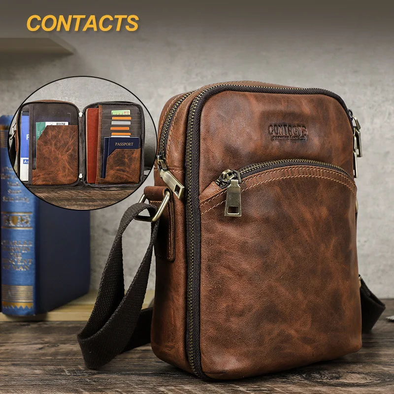 

HTS-MB329 Retro Crazy Horse Leather Men's Shoulder Bag Made of Genuine Leather Can Hold Documents Crossbody Bag